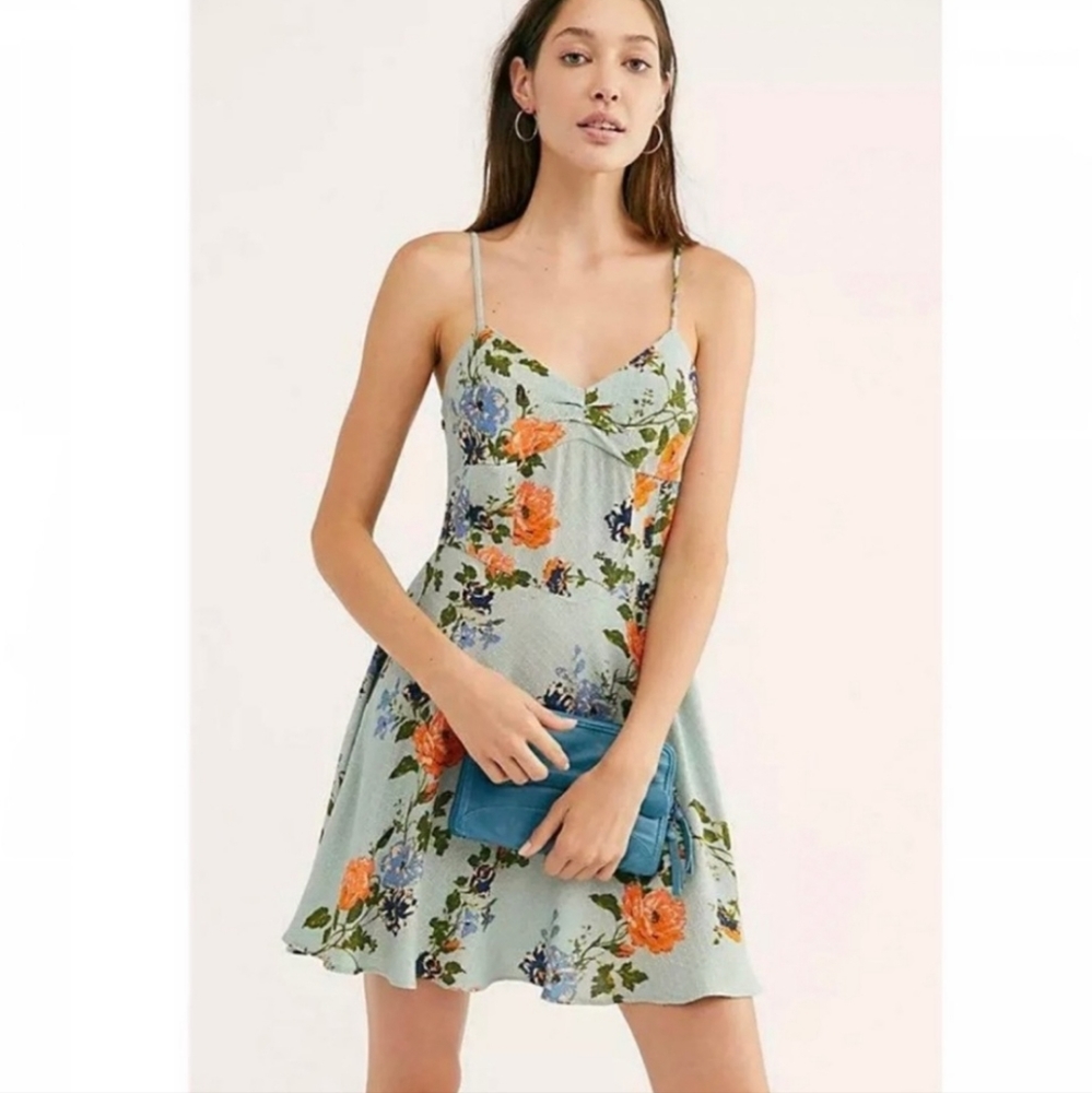 Free People Floral Mini Dress - Green and Orange